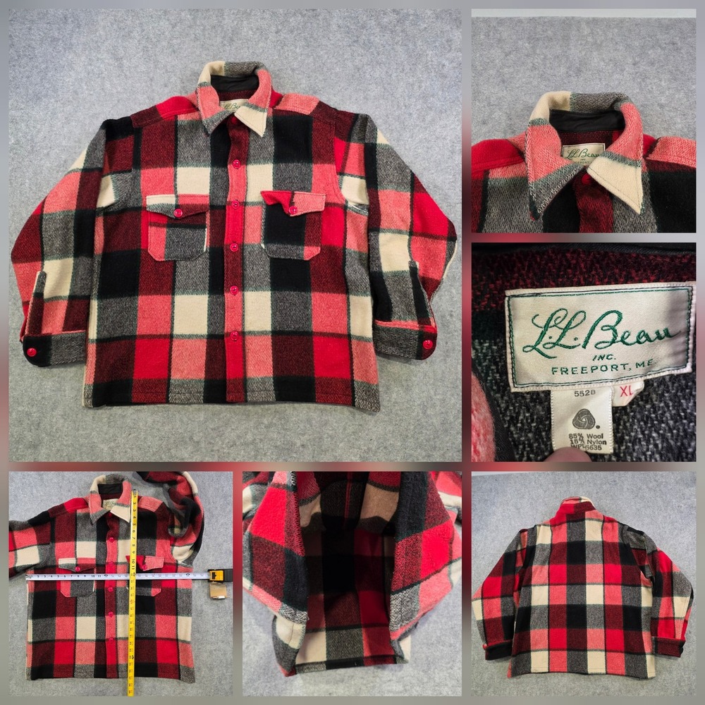 VTG 70s? LL Bean Jacket Mens XL Red Plaid Wool Flannel 552B Script Heavy Hunting